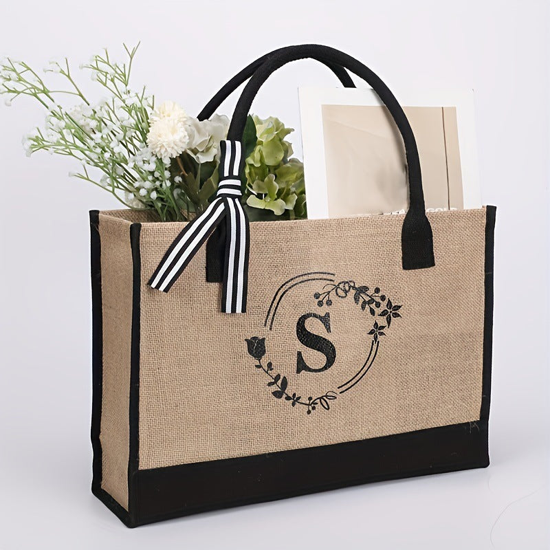 Large Capacity Portable Printing Initial Letter Jute Linen Shopping Bag