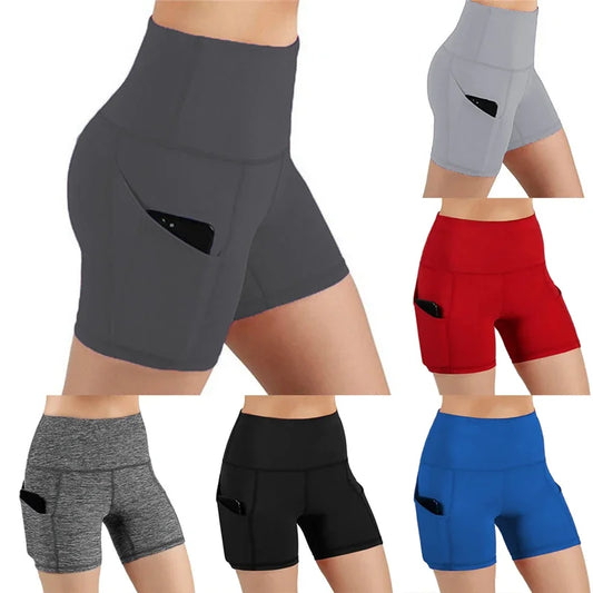 Versatile high-waisted fitness shorts with pockets for activewear.