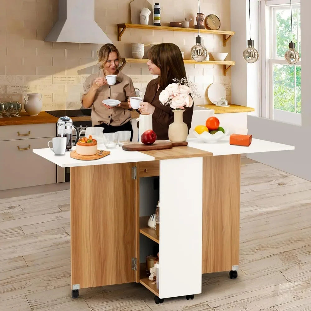 Folding Dining Table, Drop Leaf Dining Table with Lockable Wheels, Space Saving Extendable Dinner Table with Storage