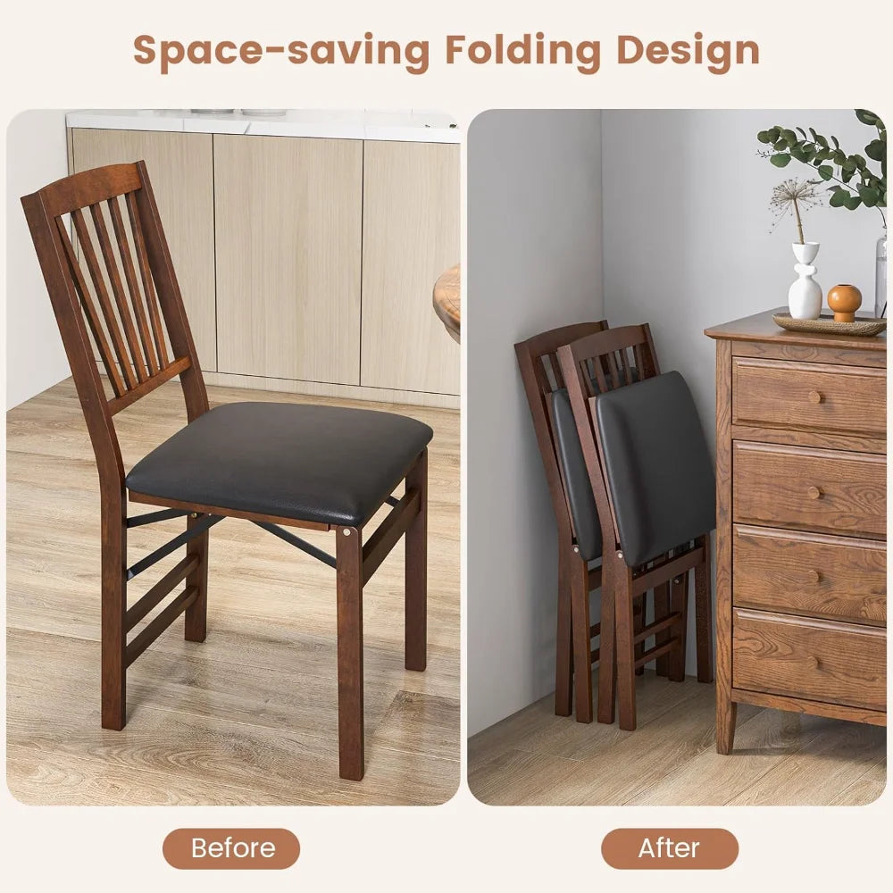 Solid wood foldable chairs, padded seat, set of two.