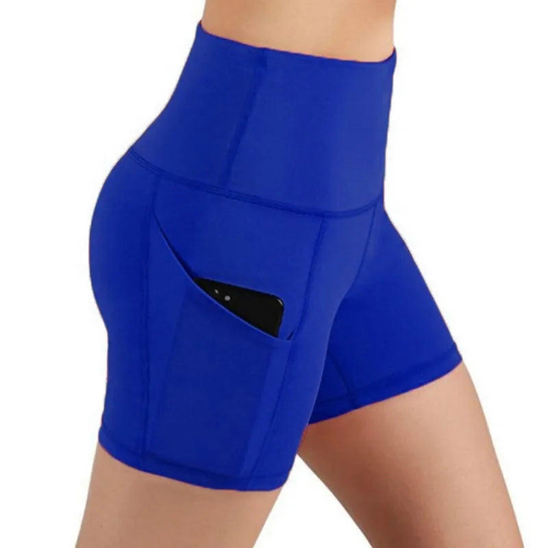 Versatile high-waisted fitness shorts with pockets for activewear.