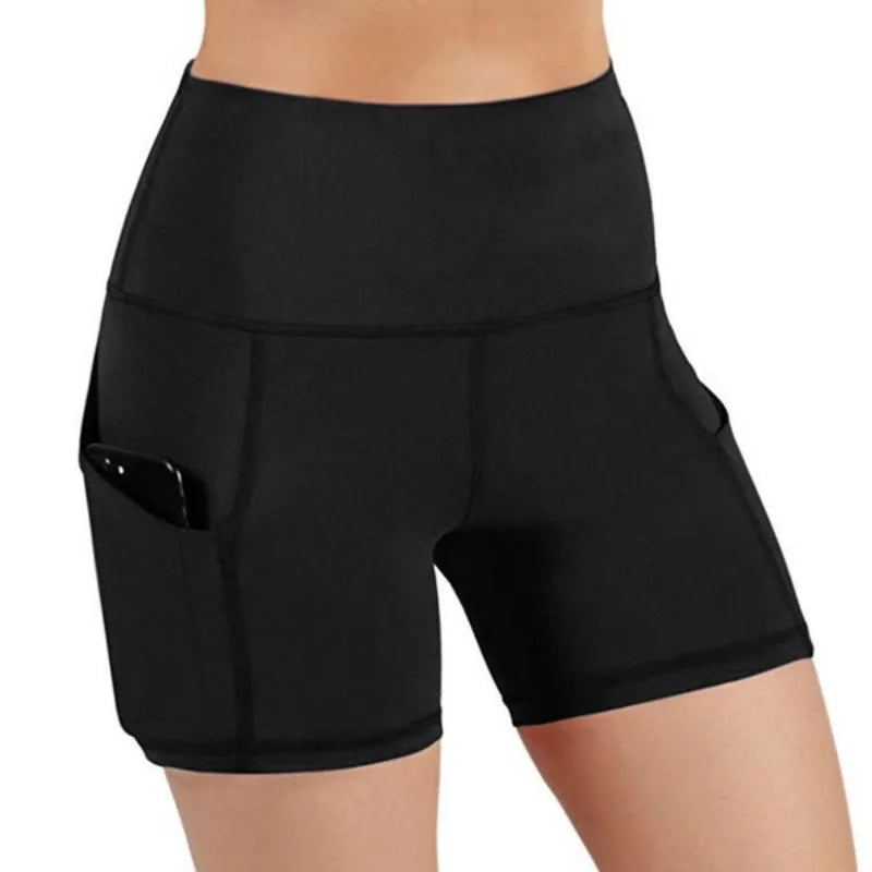 Versatile high-waisted fitness shorts with pockets for activewear.